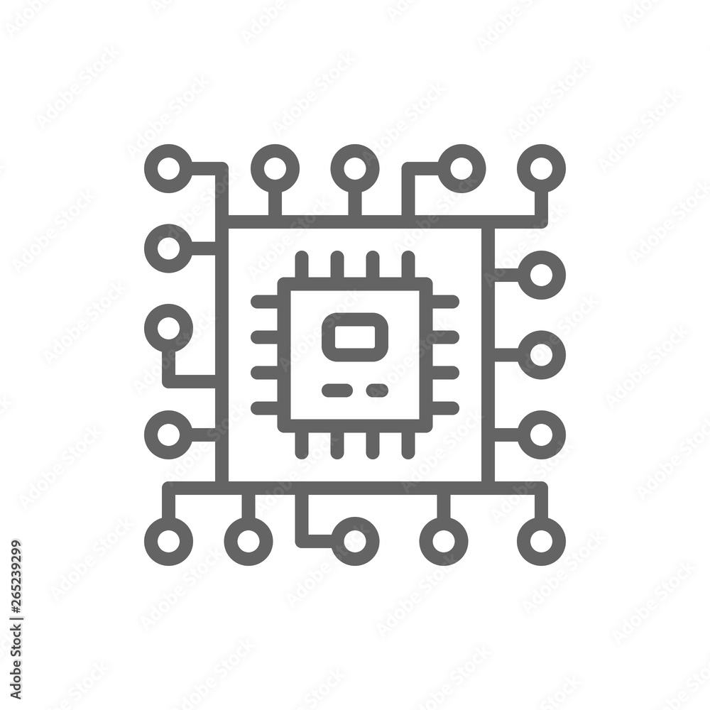 Poster cpu microprocessor, computer chip line icon.