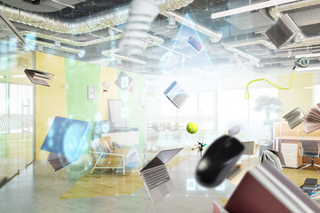 Office workplace with flying objects