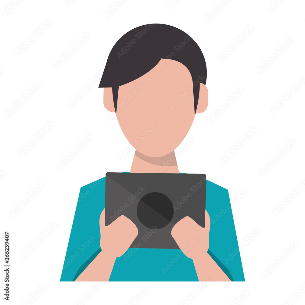 Poster man using tablet