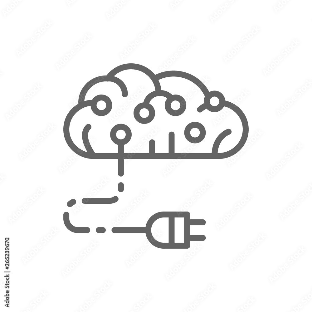 Poster connected brain to circuit board, artificial intelligence, digital thinking line icon.