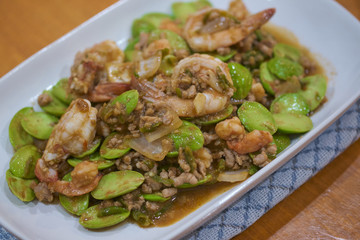 Fried shrimp and shrimp paste with Parkia Speciosa Native Thai food.