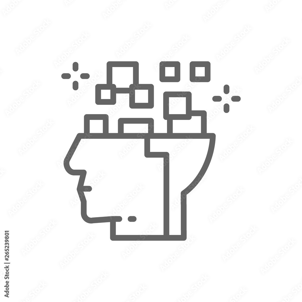Poster robot head, brain connected to circuit board, digital thinking, artificial intelligence line icon.