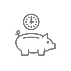 Clock with piggy bank, investment, debt, save time line icon.
