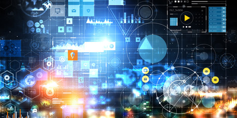 Colourful digital chart with schemes and graphs showing technical settings, connections, digits, percentage, network