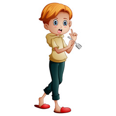 Vector illustration of a little boy holding a fork with raise a finger