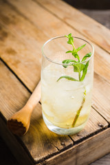 Sweet rum based cocktail with mint. Selective focus. Shallow depth of field.