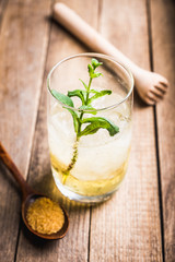 Sweet rum based cocktail with mint. Selective focus. Shallow depth of field.