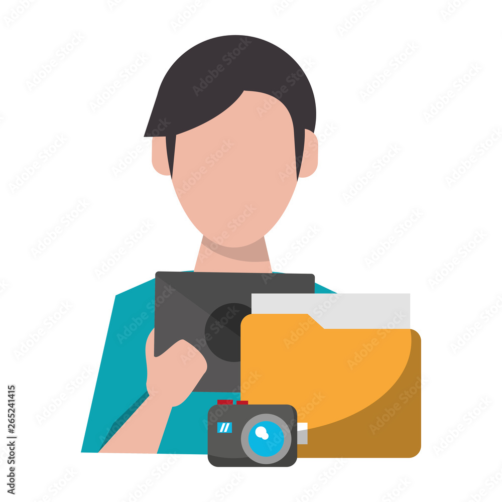 Poster man using tablet with documents and camera