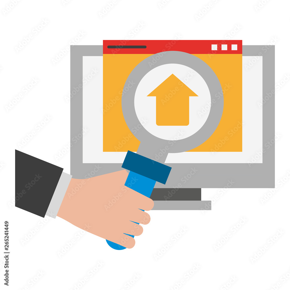 Poster computer with upload sign and magnifying glass