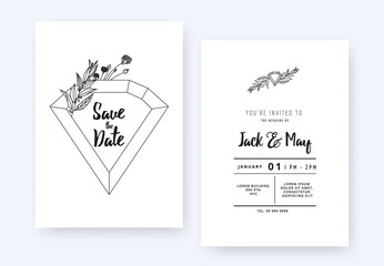 Minimalist wedding invitation card template design, diamond gemstone and foliage line art ink drawing on white