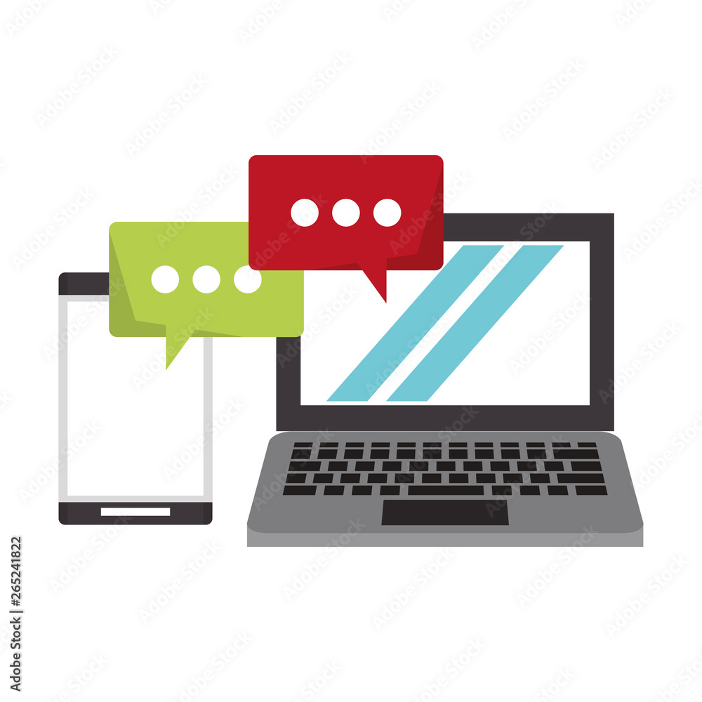 Poster computer and cellphone with speech bubble
