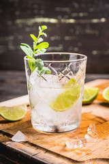 Old fashioned beverage with lime and mint leaves. Selective focus. Shallow depth of field.