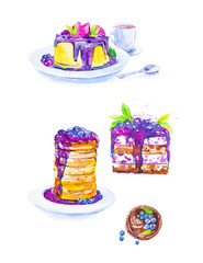 A set of desserts from cakes and a piece of cake with blueberries on plates, tea in a mug and a spoon. Watercolor illustration isolated on white background