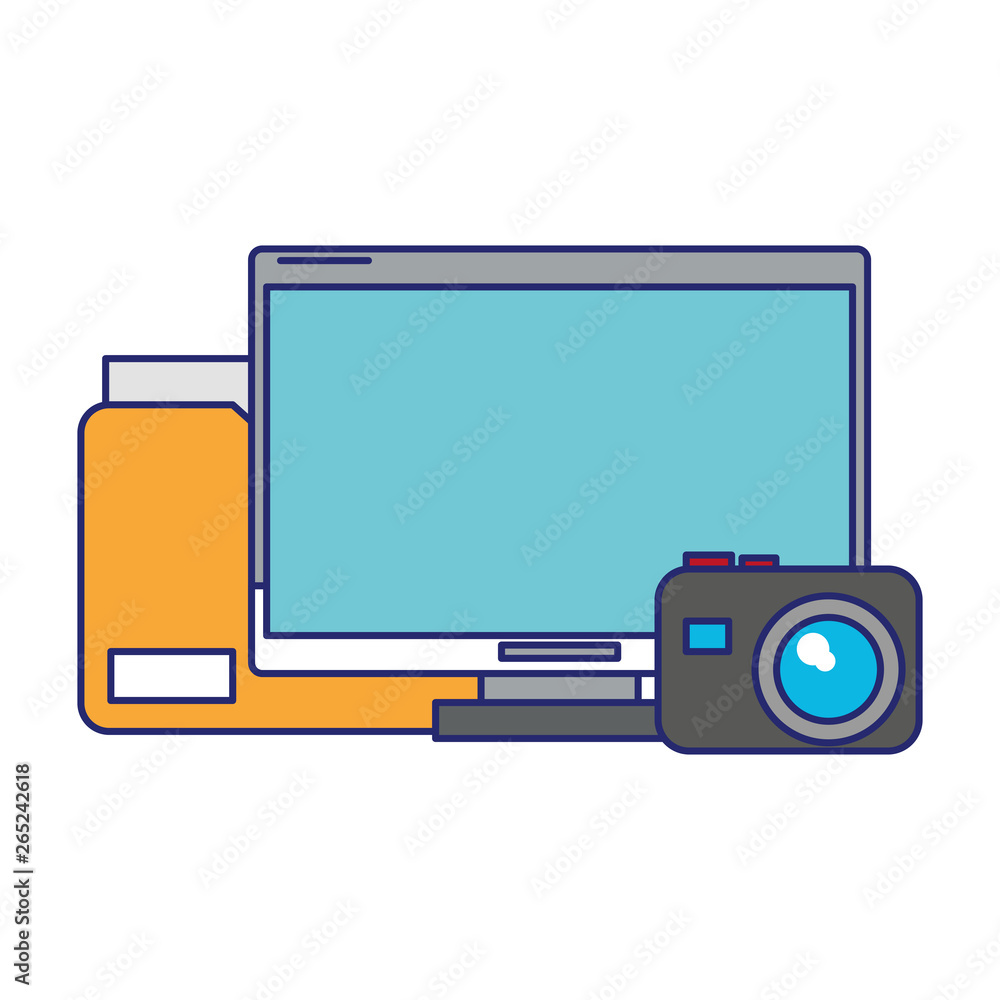 Aufkleber computer with documents folder and camera blue lines