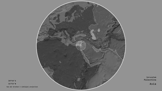 Palestina and its capital circled and zoomed on the global bilevel map in the van der Grinten I projection with animated oblique transformation. Animation 3D