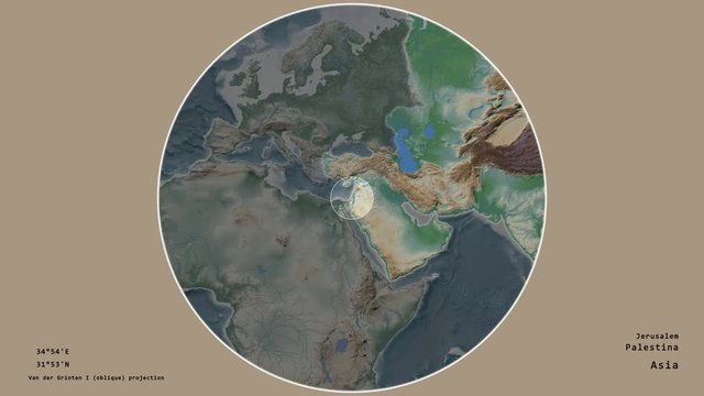 Palestina and its capital circled and zoomed on the global physical map in the van der Grinten I projection with animated oblique transformation. Animation 3D