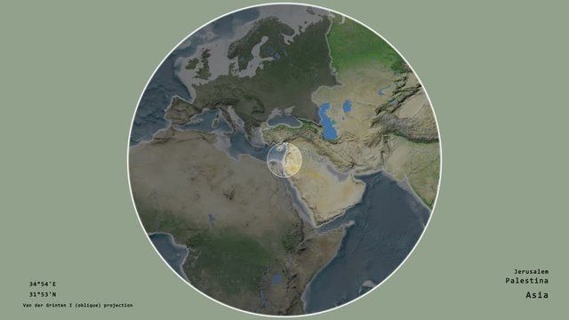 Palestina and its capital circled and zoomed on the global satellite map in the van der Grinten I projection with animated oblique transformation. Animation 3D