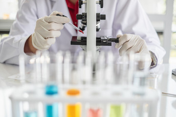 A scientist hands working in laboratory with test tube microscope and solutions.