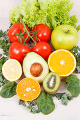 Healthy natural fruits and vegetables. Nutritious food containing minerals and vitamins