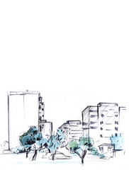 Page template. A large urban array of apartment buildings in a sleeping block. High gray buildings, rare trees. Hand-drawn sketch illustration.