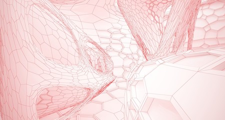 Abstract drawing white parametric interior multilevel public space with window. 3D illustration and rendering.