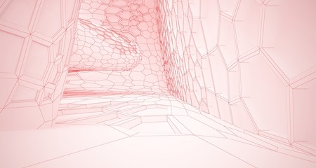 Abstract drawing white parametric interior multilevel public space with window. 3D illustration and rendering.