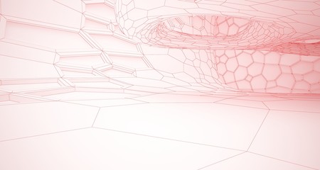 Abstract drawing white parametric interior multilevel public space with window. 3D illustration and rendering.