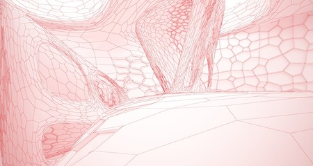 Abstract drawing white parametric interior multilevel public space with window. 3D illustration and rendering.