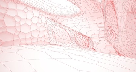 Abstract drawing white parametric interior multilevel public space with window. 3D illustration and rendering.