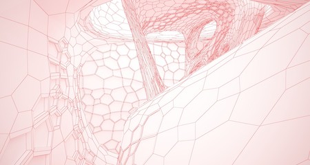 Abstract drawing white parametric interior multilevel public space with window. 3D illustration and rendering.