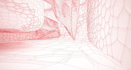 Abstract drawing white parametric interior multilevel public space with window. 3D illustration and rendering.