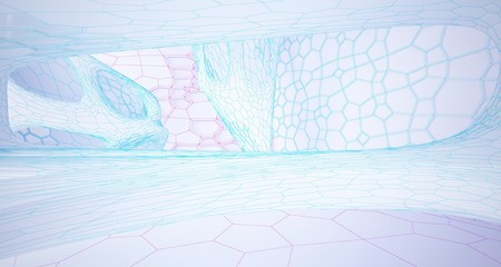 Abstract drawing white parametric interior multilevel public space with window. 3D illustration and rendering.