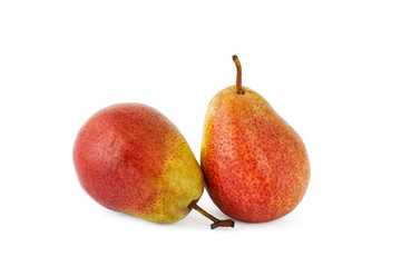A pair of ripe appetizing red-yellow pear fruits on a white background