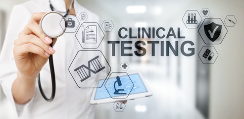 Clinical testing research, Pharmacy and Medicine concept on screen.
