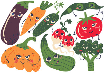 Cute Funny Vegetables with Smiling Faces Set, Eggplant, Carrot, Pumpkin, Radish, Bean Pod, Cucumber, Tomato, Broccoli Cartoon Characters Vector Illustration
