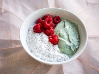 Chia pudding with spirulina yogurt and raspberry