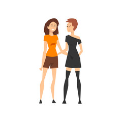 Beautiful Girls Hugging while Standing Together, Two Best Friends, Female Friendship Concept Vector Illustration