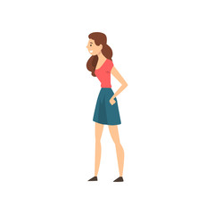 Beautiful Smiling Girl Wearing Red T-shirt and Blue Skirt Vector Illustration