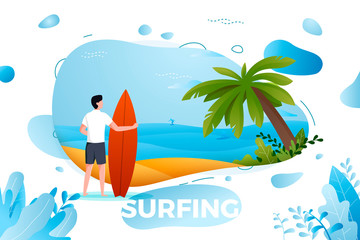 Vector illustration - surfing man on a beach. 