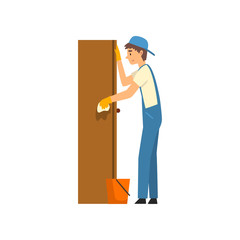 Cleaning Man Wiping Dust from Locker, Male Worker Character Dressed in Uniform and Rubber Gloves, Cleaning Service Vector Illustration