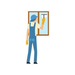 Cleaning Man Washing Window Using Squeegee, Male Worker Character Dressed in Uniform and and Rubber Gloves, Cleaning Service Vector Illustration