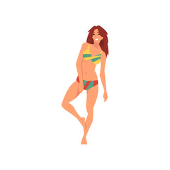 Beautiful Smiling Girl in Swimsuit, Young Woman Wearing Color Bathing Suit, Summer Fashion Vector Illustration