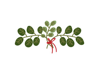 Twigs with Green Leaves Tied with Red Ribbon, Natural Design Element for Wedding Invitation, Save the Date, Greeting Card, Poster, Quote Vector Illustration