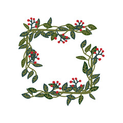 Herbal Frame, Green Leaves and Red Berries