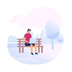 Young Man Character Sit on Bench with Laptop