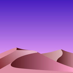 Fototapeta na wymiar Flat vector illustration of night sand in the desert with purple sky and space for text. Template for banners and your design.