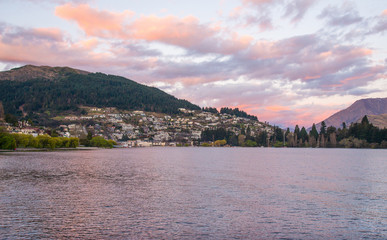 View of Queenstown the most popular cities in South island of New Zealand at sunset.