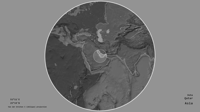 Qatar and its capital circled and zoomed on the global bilevel map in the van der Grinten I projection with animated oblique transformation. Animation 3D