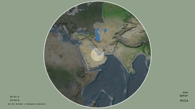 Qatar and its capital circled and zoomed on the global satellite map in the van der Grinten I projection with animated oblique transformation. Animation 3D