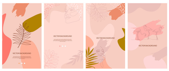 Set of abstract background with tropical elements, shapes and girl portrait in one line style. Background for mobile app page minimalistic style. Vector illustration